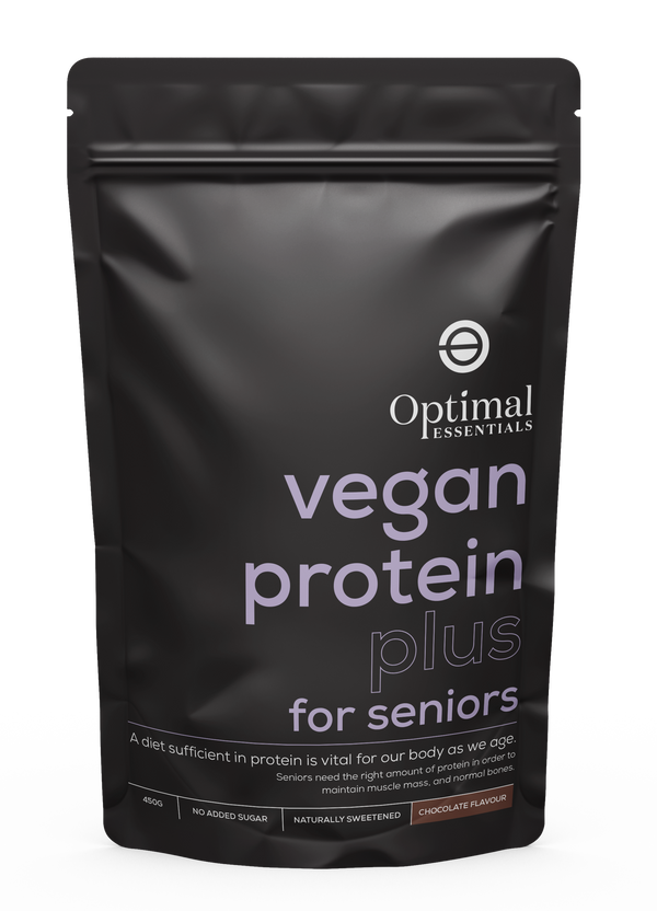 Optimal Essentials Chocolate Flavoured Vegan Protein Plus Powder for Seniors for Protein Intake at Eat Well Health