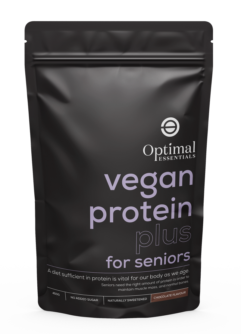 Optimal Essentials Chocolate Flavoured Vegan Protein Plus Powder for Seniors for Protein Intake at Eat Well Health